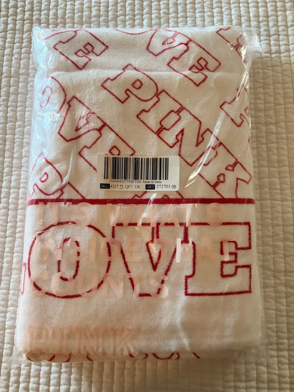 PINK Victoria's Secret White Towel with Red Lettering Outline